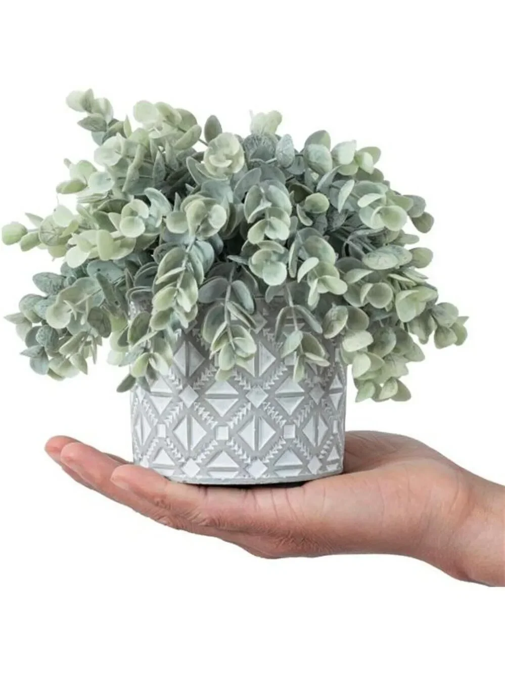 Artificial eucalyptus plant faux greenery in gray concrete pot home office decor